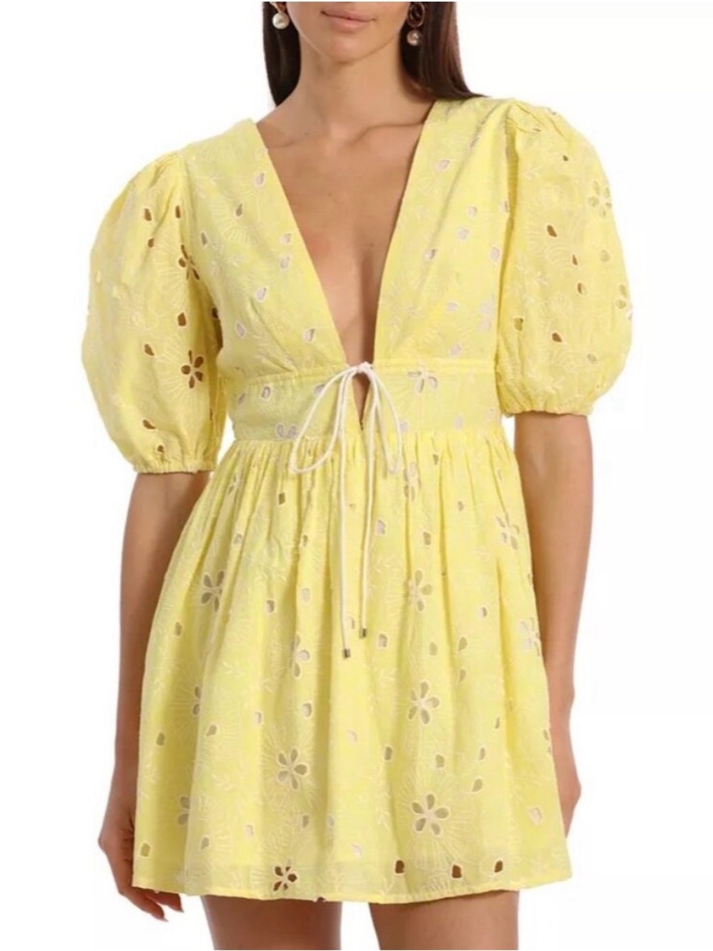 Avec Les Filles Yellow Eyelet Puff Sleeve Mini Dress